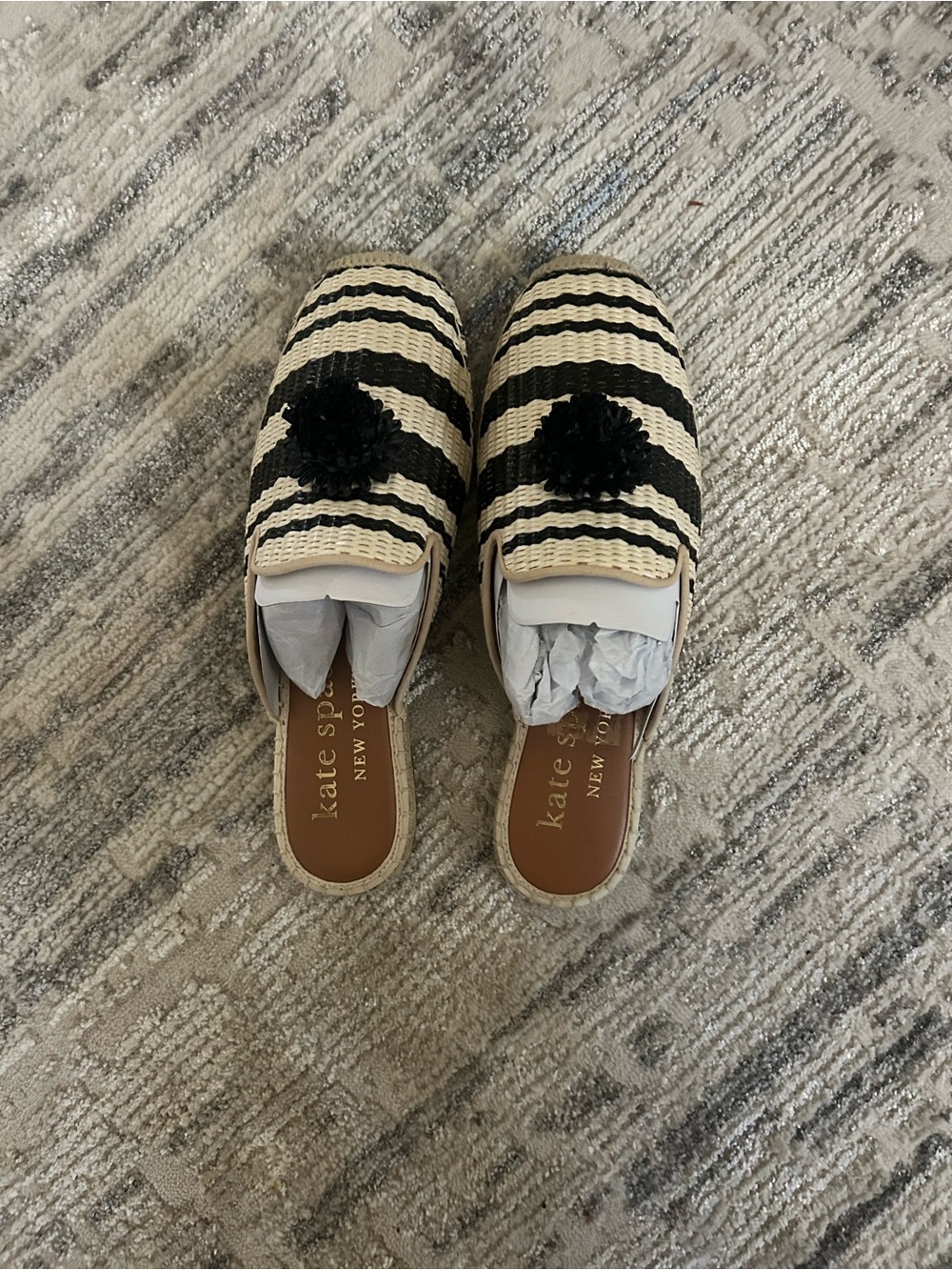 kate spade Striped Raffia Pom Slip-On Mules in Black and Cream